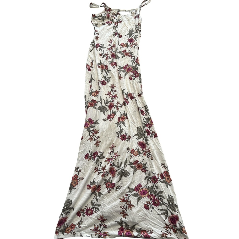 Pink Rose Vintage Dress Womens Medium‎ White Floral Maxi Spaghetti Strap Keyhole